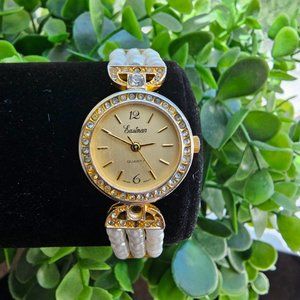 Eastman Quartz Gold Tone Pearl Rhinestone Watch